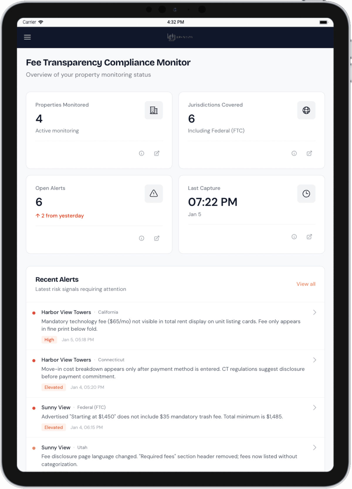 Brynson Fee Transparency Compliance Monitor Dashboard