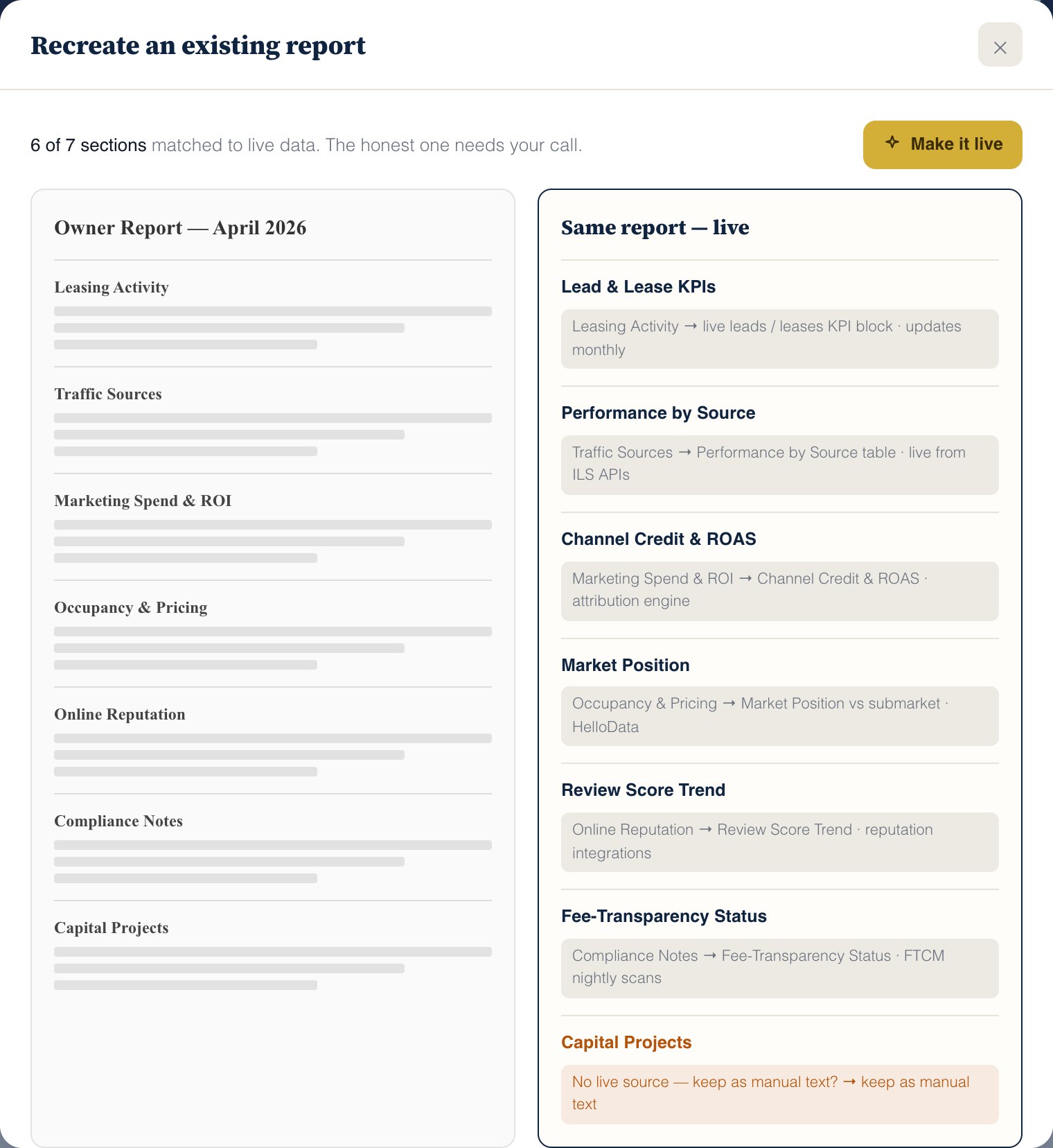 Recreate an existing report: 6 of 7 sections matched