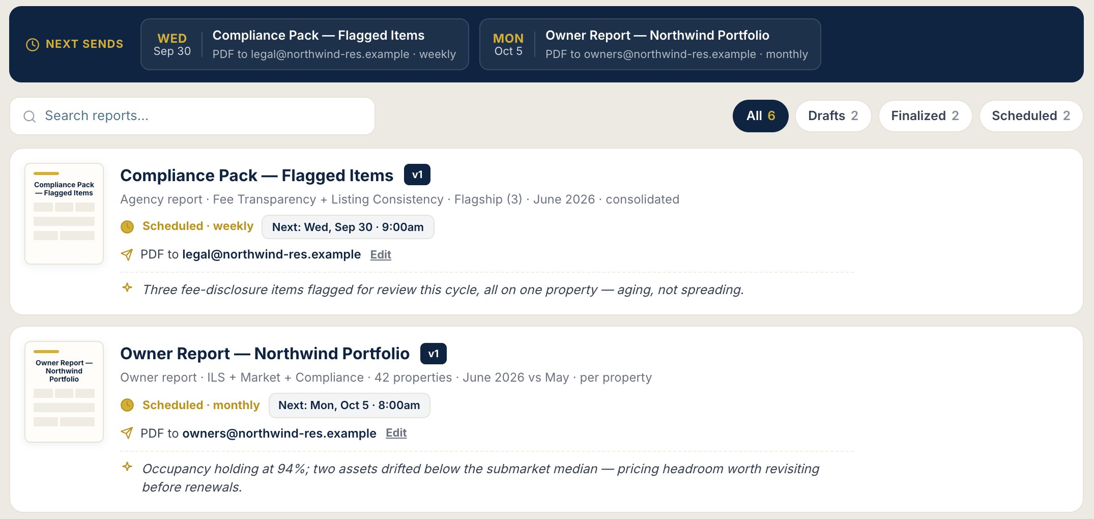 Next sends: weekly compliance pack to legal, monthly owner report to owners