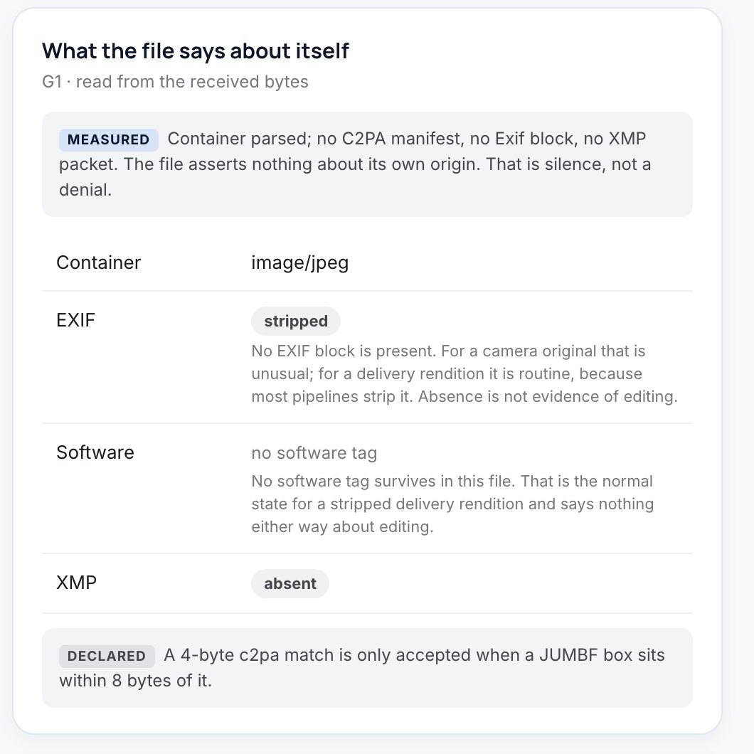 What the file says about itself: FrameCheck reads the container, EXIF, software tag, XMP and C2PA, and labels each statement as measured or declared