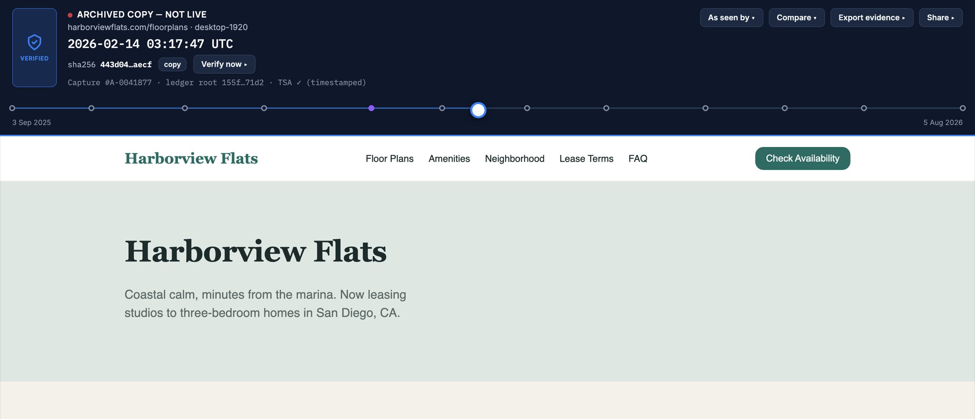 SiteArchiver replay: an archived property website marked “Archived copy, not live” with a verified shield, SHA-256, capture ID and a timeline scrubber