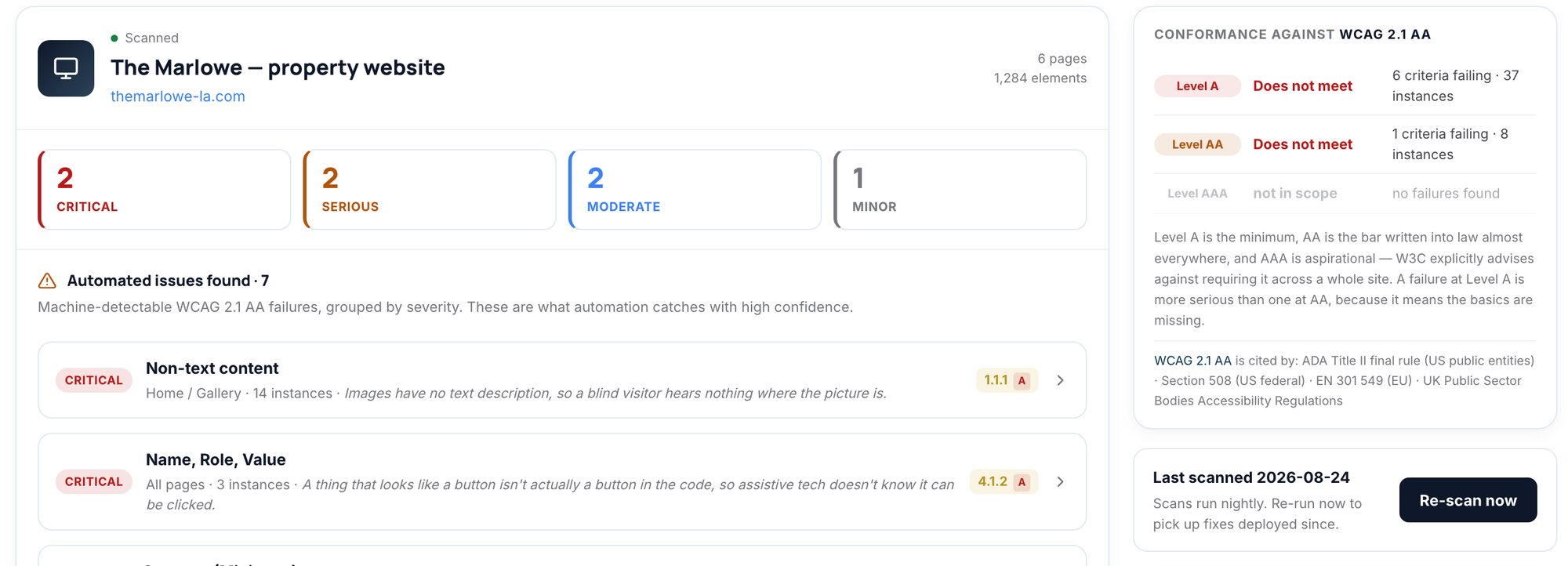 Web Accessibility report for a property website: 7 automated issues by severity, Level A and AA conformance, and the scan date